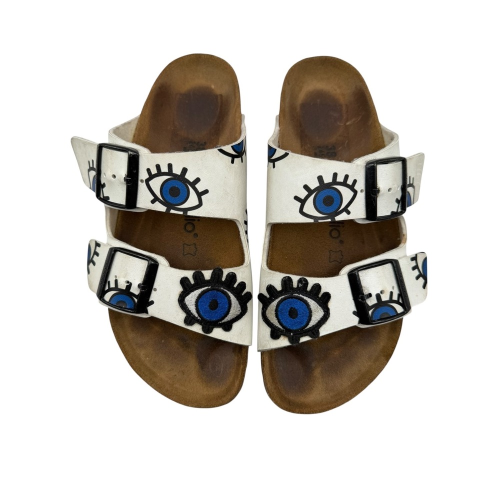 Papillio Birkenstock Arizona Platform Sandals Women 7 White Leather Evil Eye - Picture 3 of 11